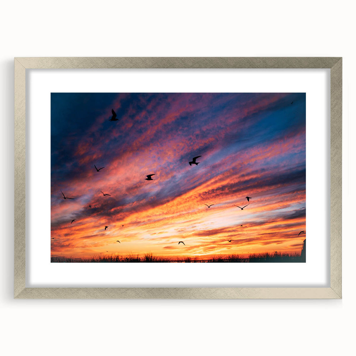 Textured abstract art print of a serene Nantucket landscape in muted blue and gray tones, framed in silver.