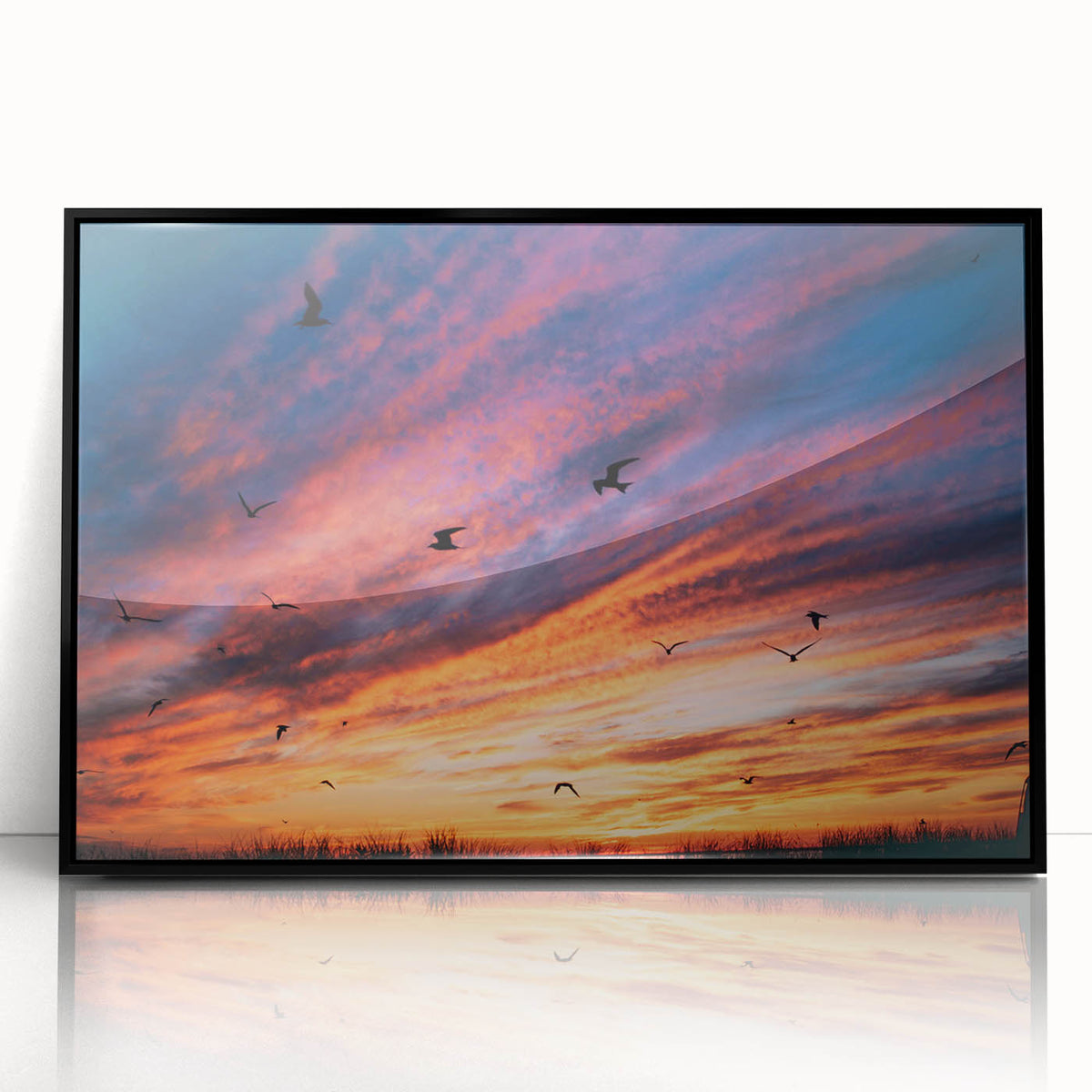 Large abstract wall art depicting a serene Nantucket landscape in muted blues and greens, framed in black acrylic.