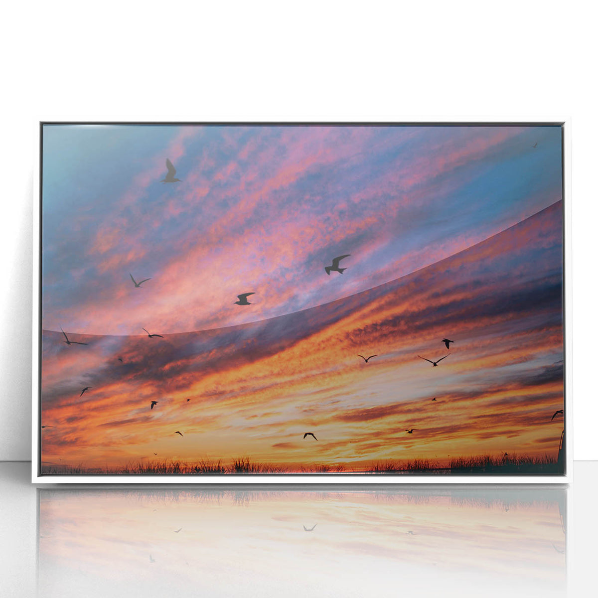 Acrylic print of a serene Nantucket landscape in soft pastel shades, framed in white, suitable for modern nursery wall art.