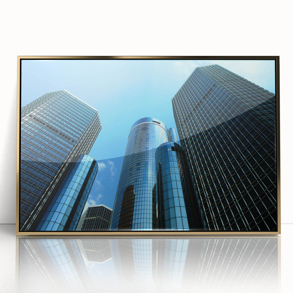 Framed acrylic print of Detroit skyline in gold and blue tones, ideal for modern art wall decor.