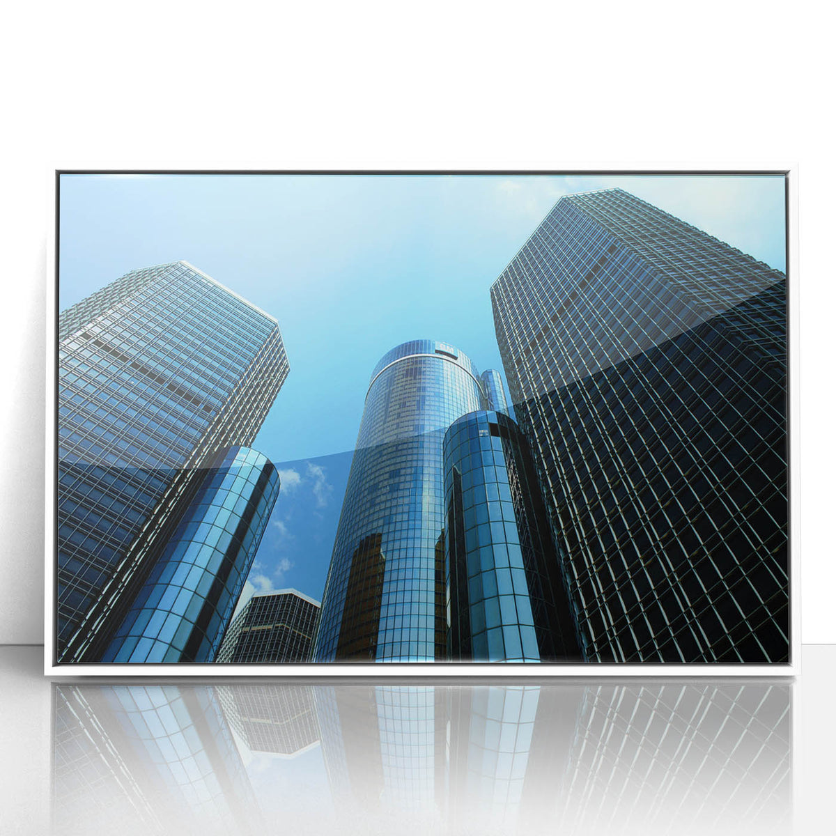Art Deco style poster of Detroit skyline in muted gray and blue tones, framed acrylic, suitable for modern art wall decor.