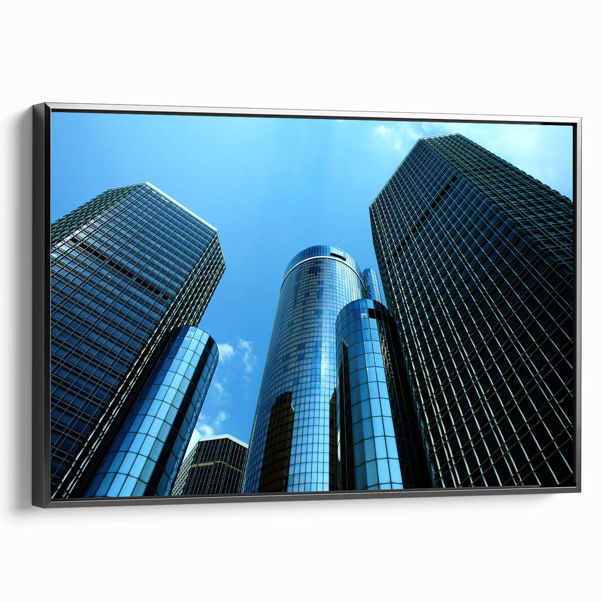 Framed canvas of a black and white vintage poster featuring the Detroit skyline, ideal for bedroom wall decor.