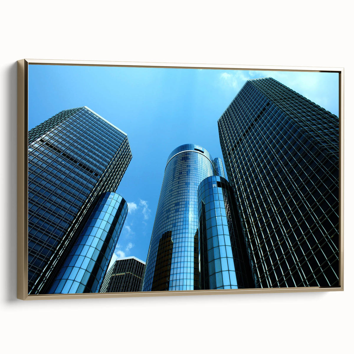 Vintage poster art of Detroit skyline in colorful hues on extra large framed canvas, ideal for living room decor.