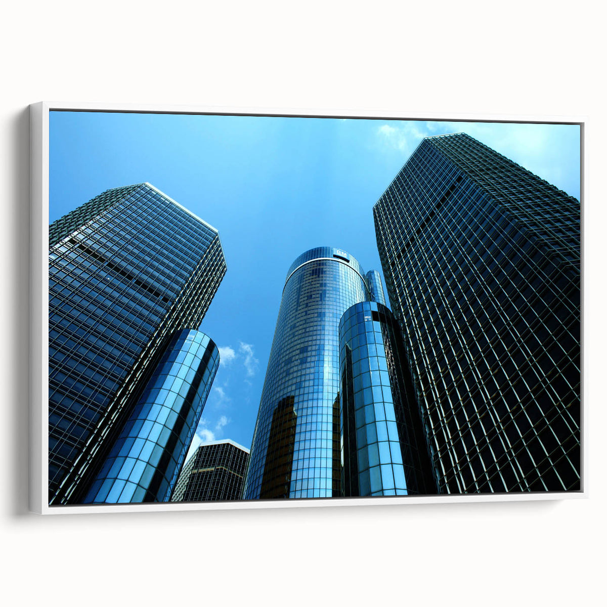 Framed canvas of a vintage-style Detroit landscape in muted colors, ideal for office decor.