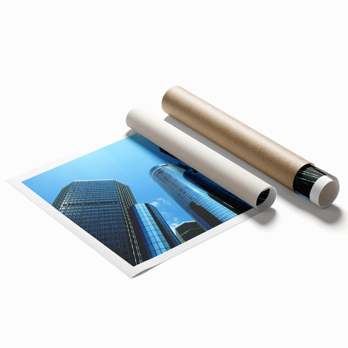 Extra large rolled print of Detroit skyline with soft gray and blue tones, ideal for classy bathroom wall art.
