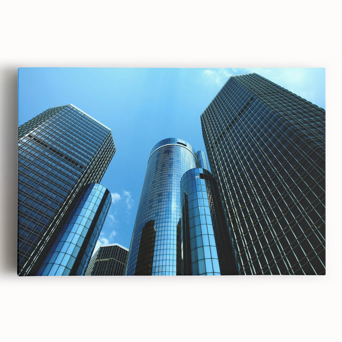 Black and white photo of Detroit skyline on large stretched canvas, suitable for kitchen art.