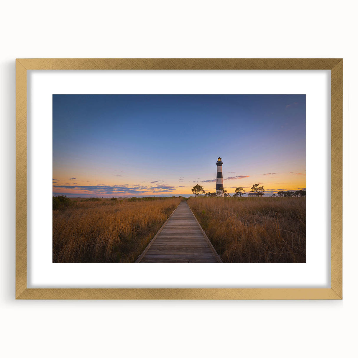 Extra large abstract art print of Cape Hatteras, featuring textured brush strokes in muted earth tones, framed in gold.