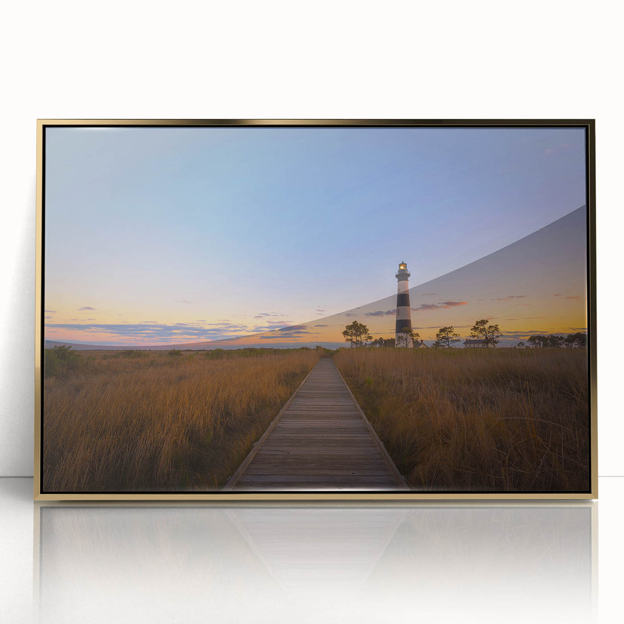 Mid-century modernist acrylic print of Cape Hatteras, featuring soft blue and beige tones, ideal for modern art wall decor.