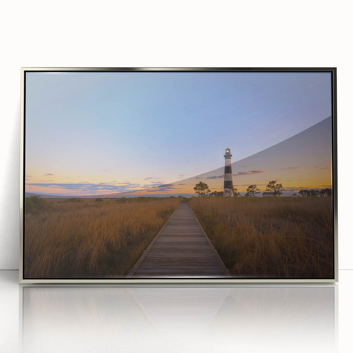 Mid-century modernist art of Cape Hatteras in muted tones on a silver-framed acrylic, suitable for nursery wall art.