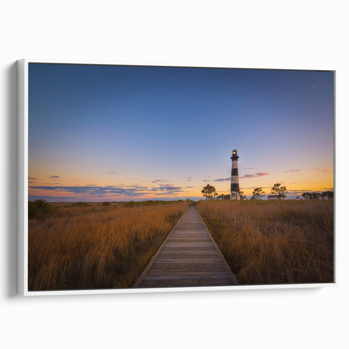 Vintage poster art of Cape Hatteras with colorful palette on large framed canvas, ideal for living room decor.