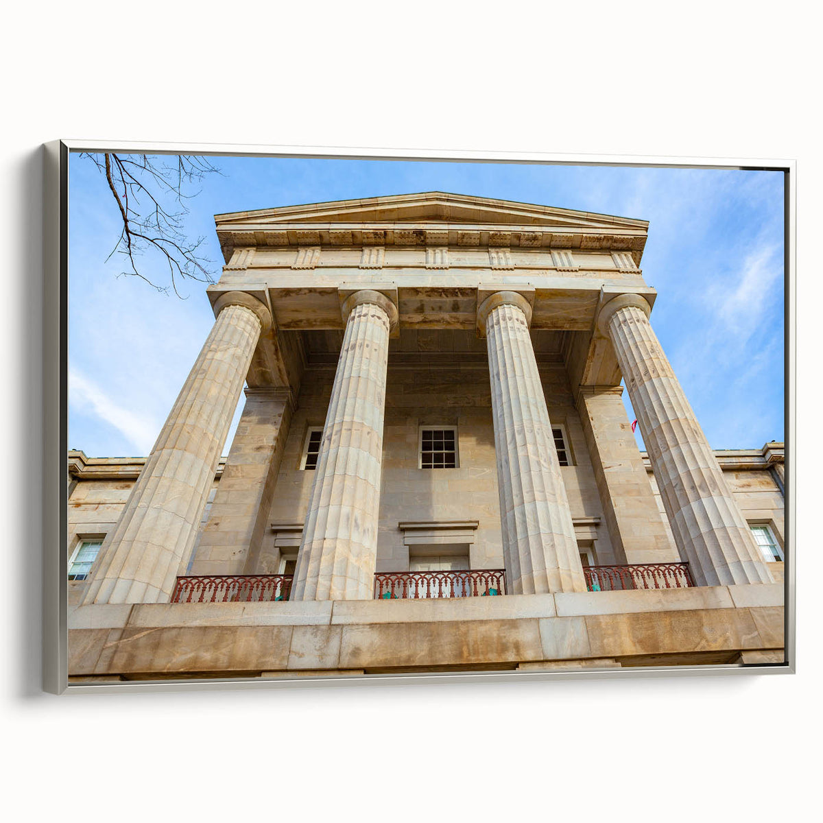 Landscape art painting of Raleigh, North Carolina, on framed canvas with a vintage poster style in vibrant colors.