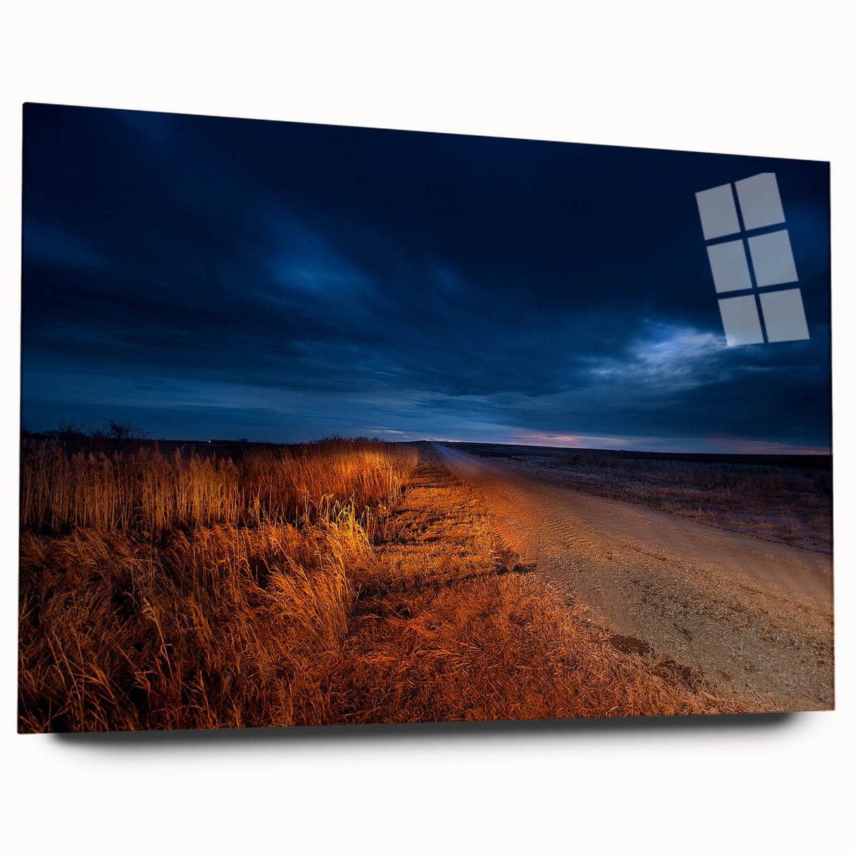 Large abstract wall art depicting North Dakota scenery in muted earth tones on acrylic glass.