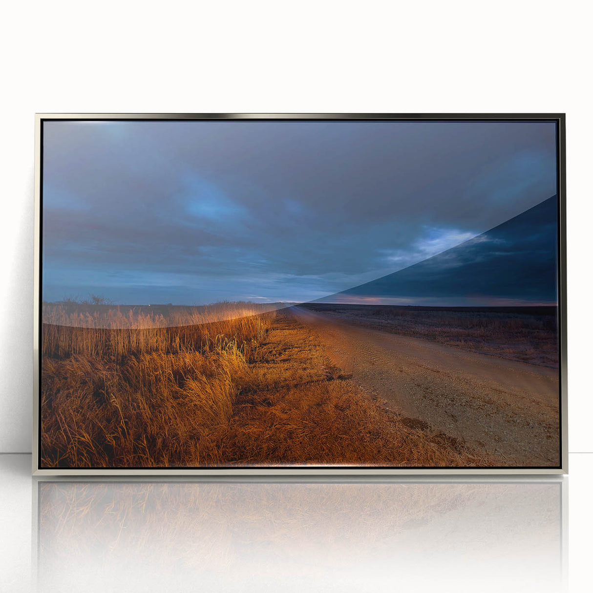 Mid-century modernist art depicting North Dakota scenery in muted earth tones on a silver-framed acrylic print.