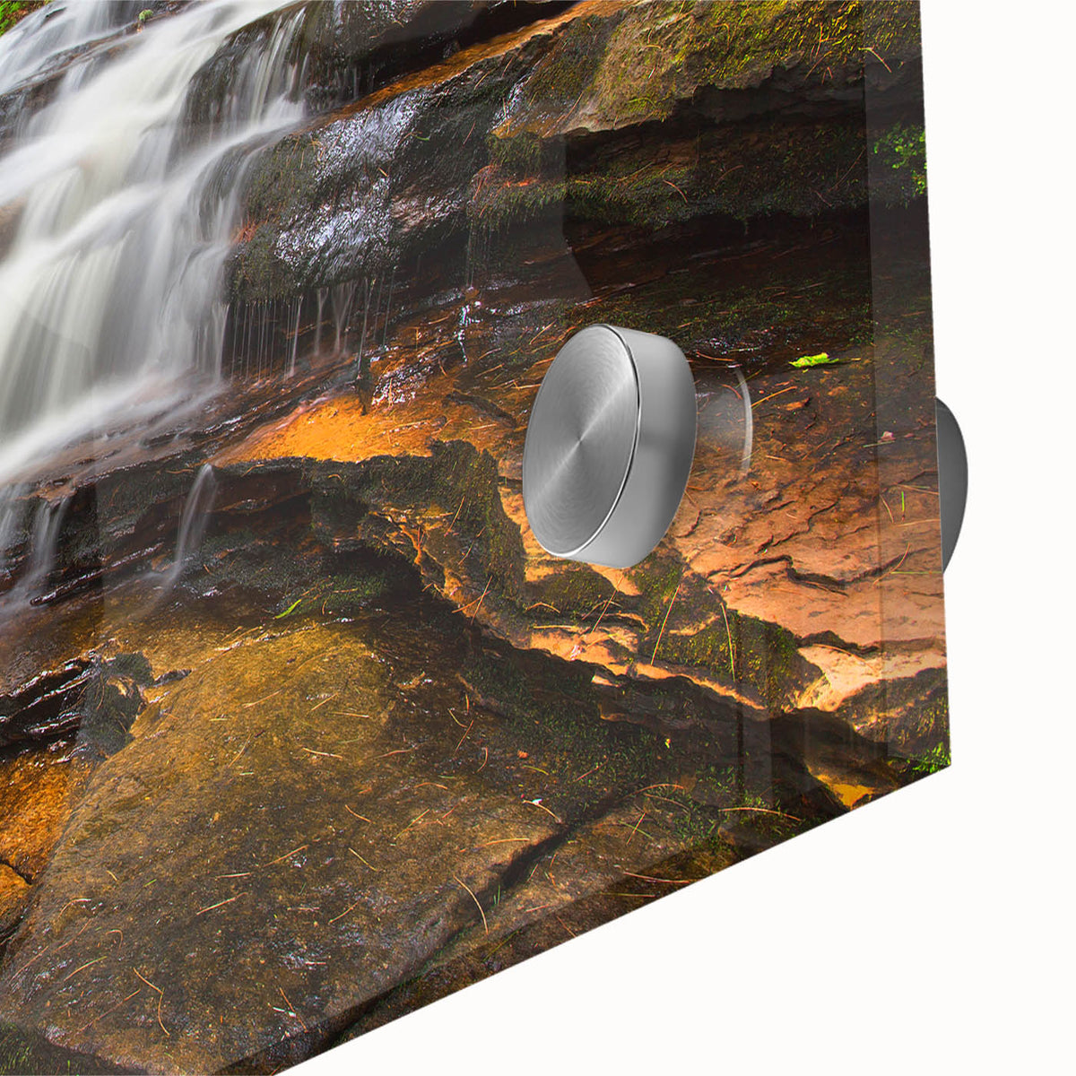 Mid-century modernist acrylic glass art of Adirondacks scenery in muted earth tones, ideal for dining room art.