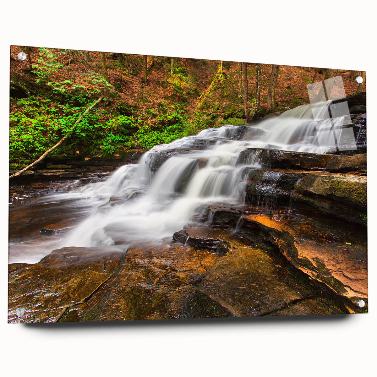 Large abstract depiction of the Adirondacks in muted earth tones on acrylic glass, suitable for bedroom or dining room decor.