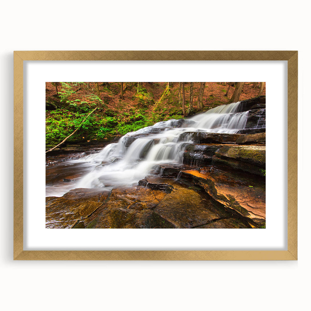 Extra large abstract art print of Adirondack scenery in textured gold frame, ideal for living room decor.