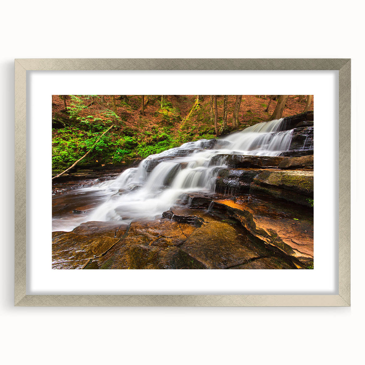 Textured abstract art print of Adirondack landscape in muted earth tones, framed in silver, ideal for bedroom art.