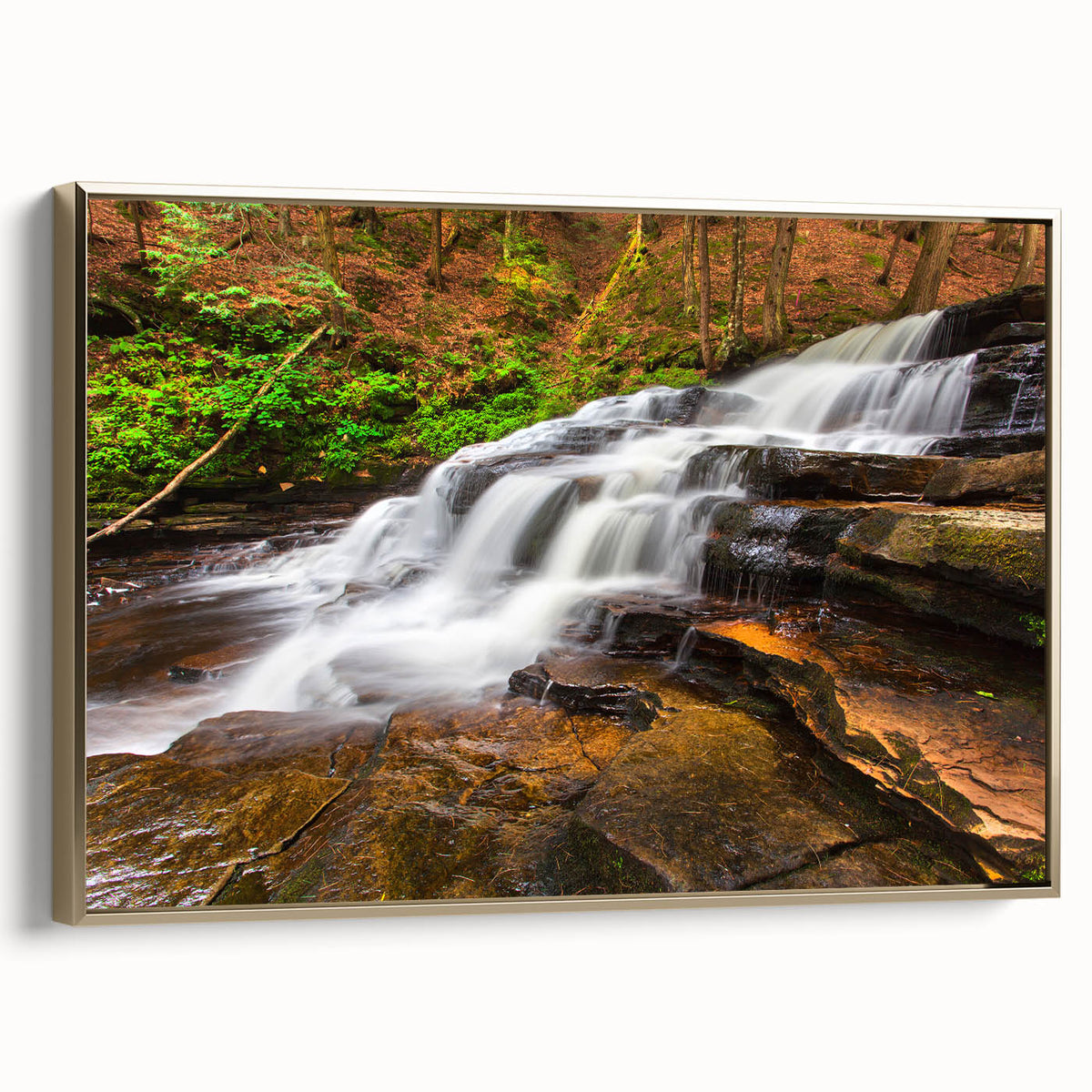 Framed canvas featuring a vintage-style landscape painting of the Adirondacks, with muted earth tones.