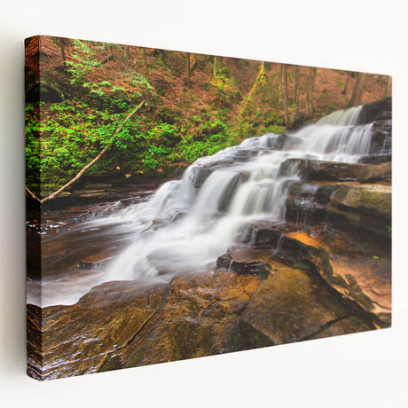 Landscape painting of the Adirondacks on stretched canvas, featuring vivid green and blue tones, ideal for kitchen wall art.