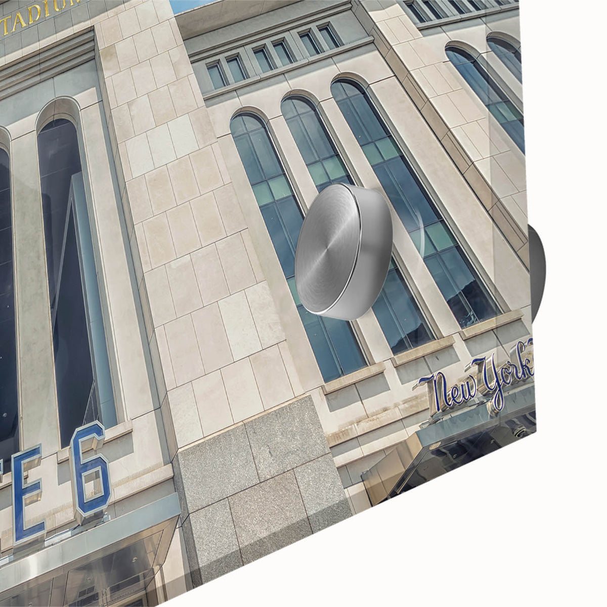 Acrylic print of a large abstract depiction of NYC in mid-century modernist style, with muted blue and gray tones.