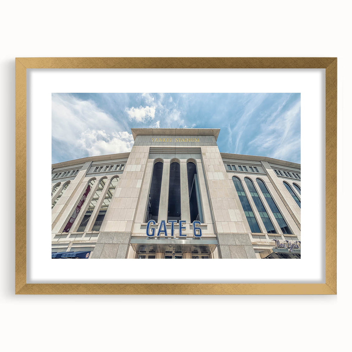 Extra large abstract art print of NYC skyline in textured gold frame, ideal for living room decor.
