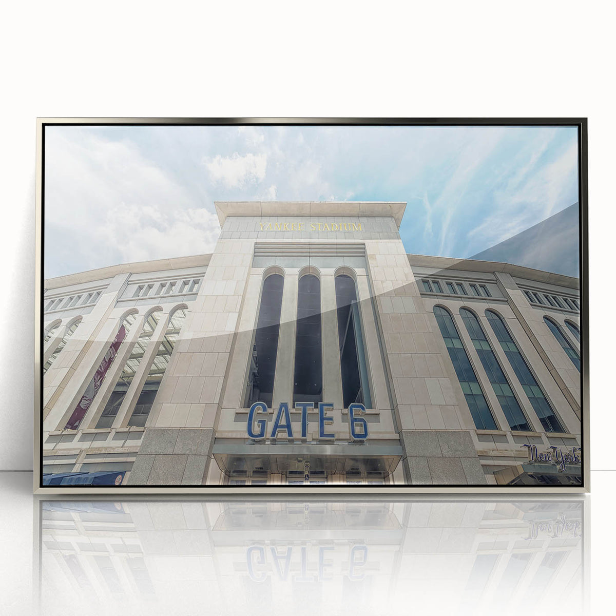 Mid-century modernist art of the NYC skyline in muted silver and gray tones on a framed acrylic.