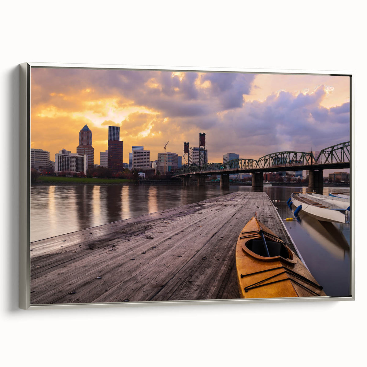 Framed canvas of a colorful Portland, Oregon landscape, with vintage poster style, ideal for office decor.