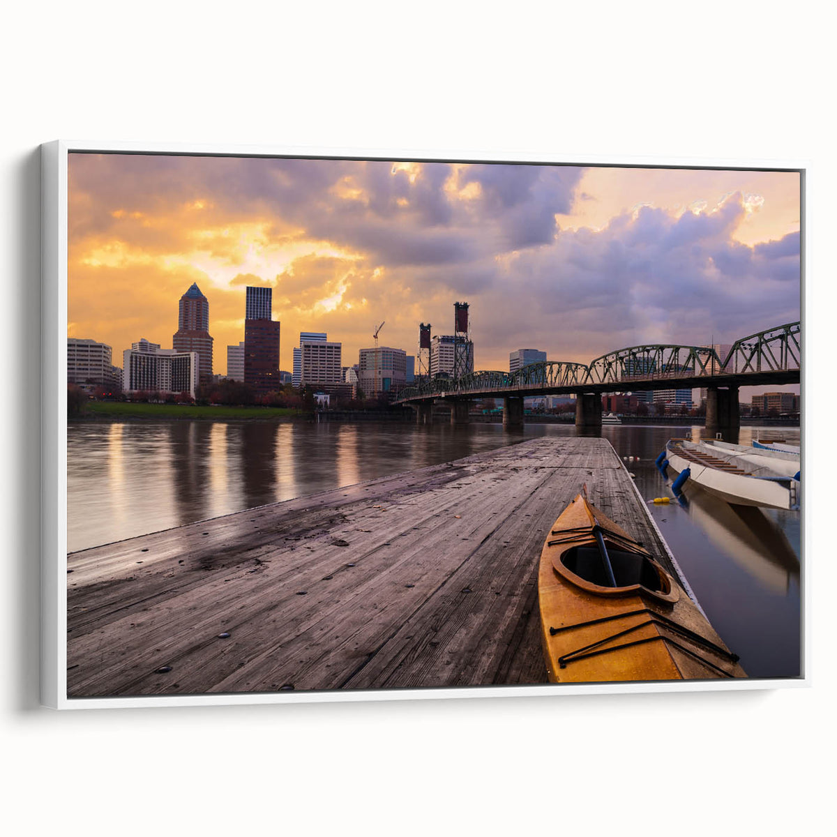 Vintage poster art of Portland, Oregon on extra large framed canvas, featuring colorful art against a black background.