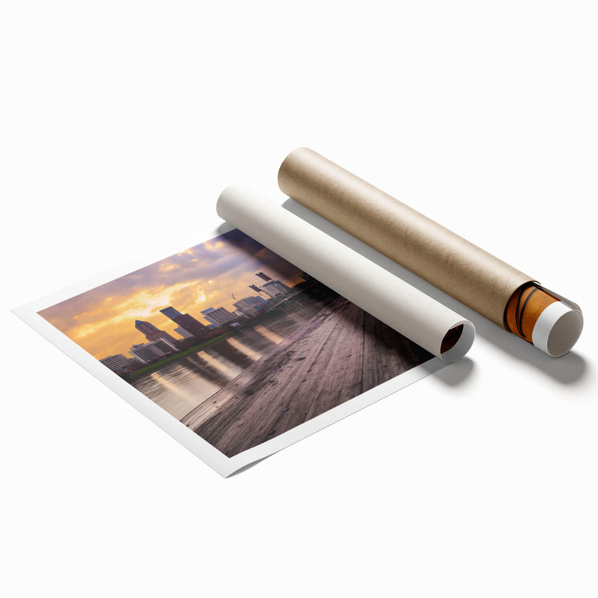 Rolled print of a serene Portland, Oregon landscape with lush greenery and floral elements, in soft green and blue tones.