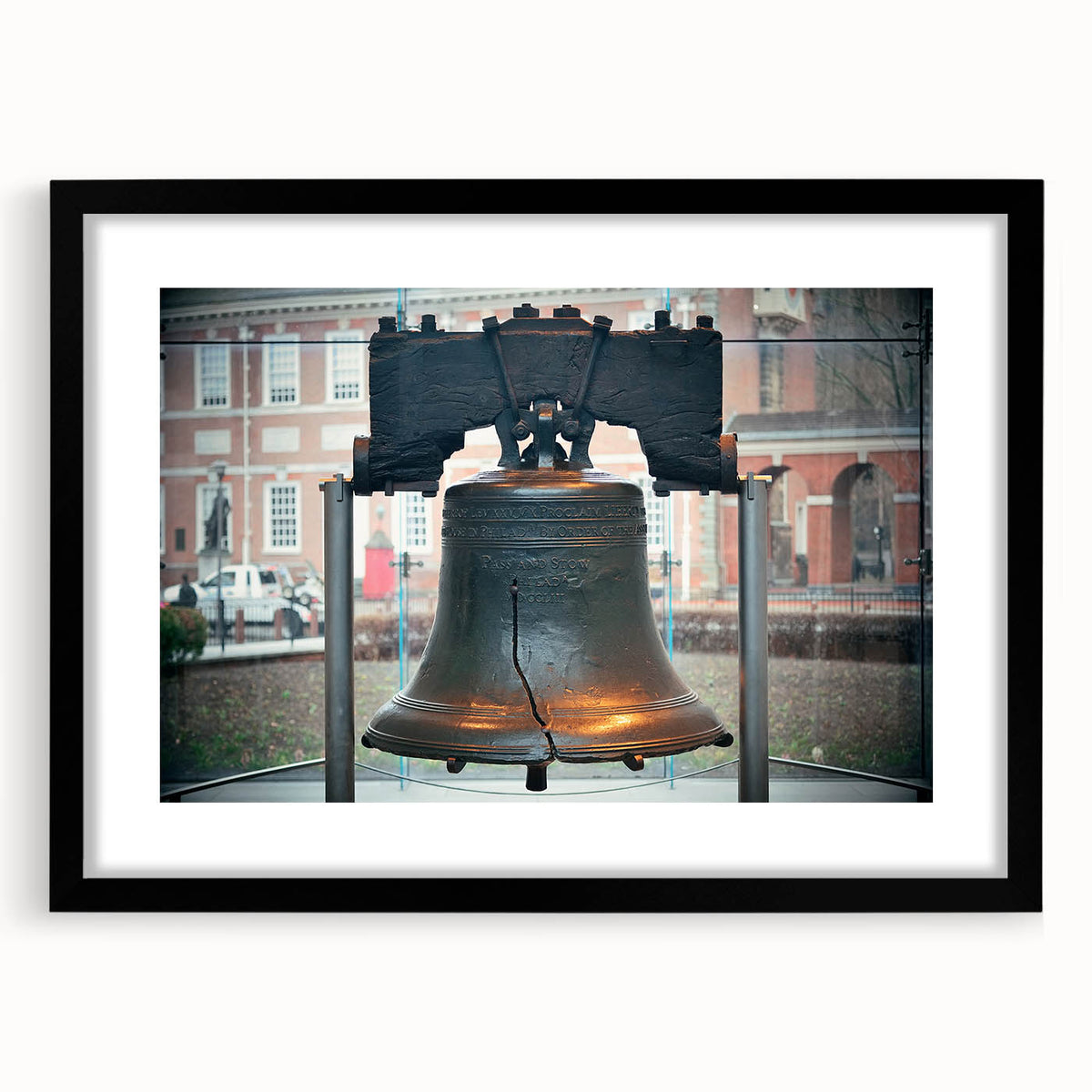 Extra large framed abstract art print of Philadelphia skyline in colorful, textured strokes, ideal for living room decor.