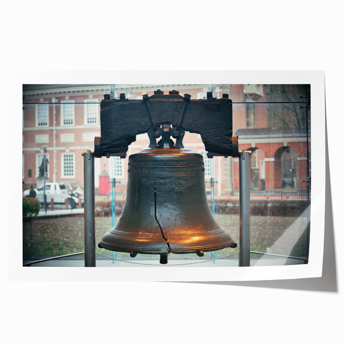 Philadelphia skyline in muted gray and blue tones on a large rolled canvas, ideal for art wall dining room.
