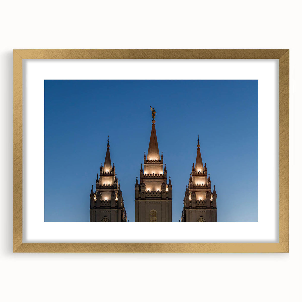 Extra large abstract art print of Salt Lake City, featuring textured gold and blue tones on a framed canvas.