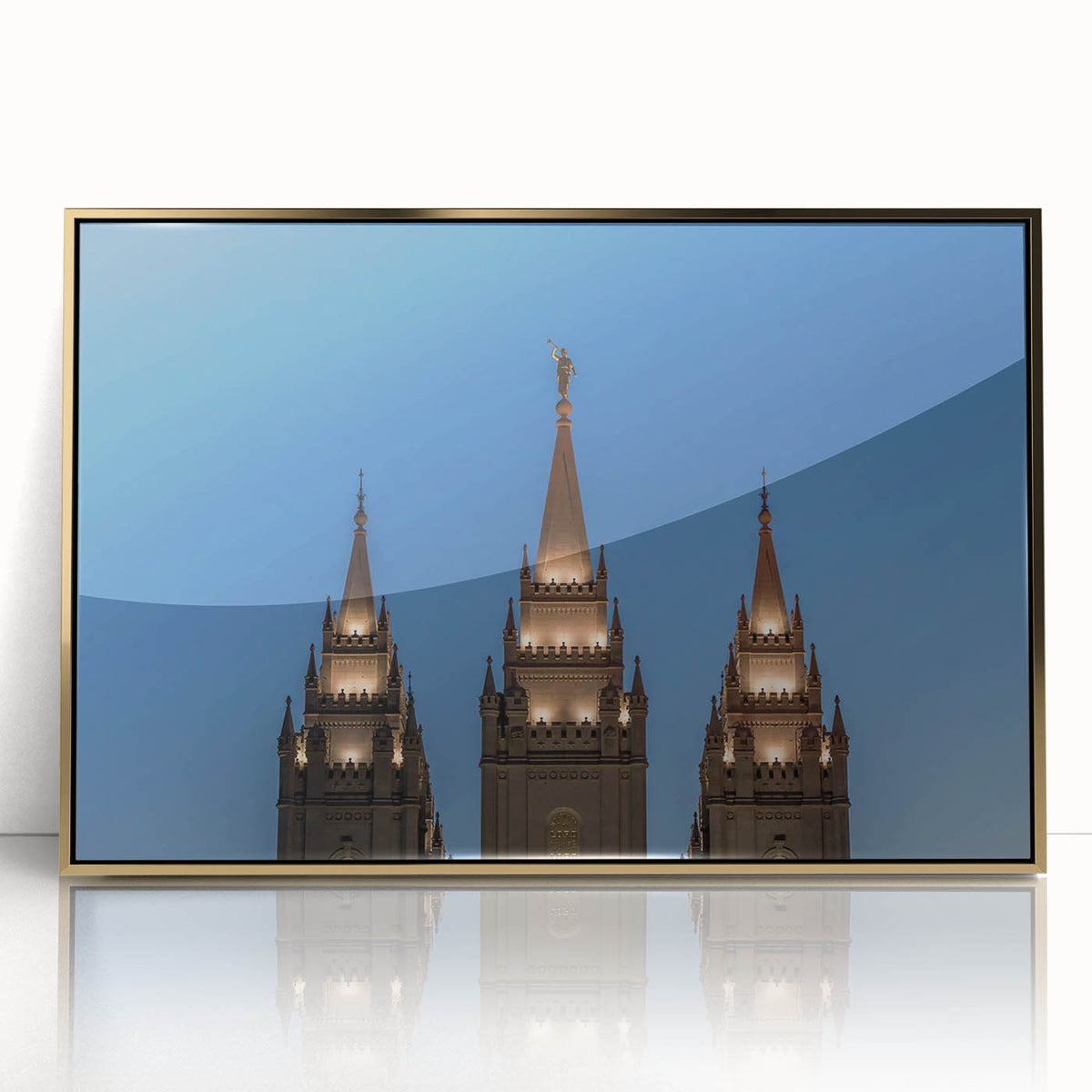 Large art print of Salt Lake City with a golden frame on acrylic, featuring mid-century modernist style.