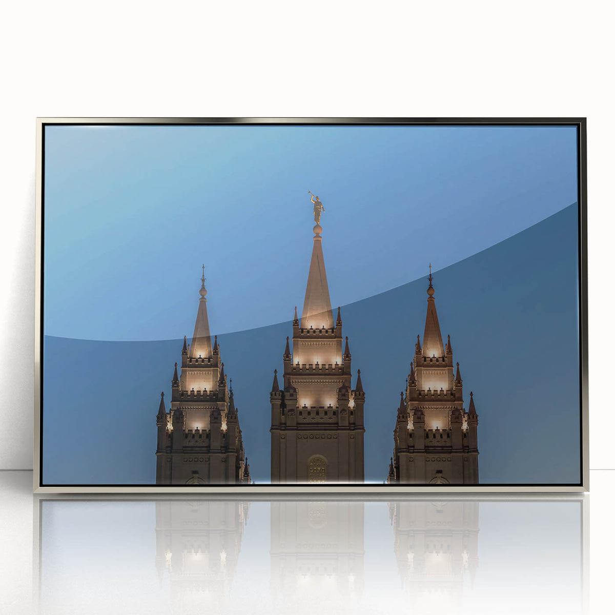 Mid-century modernist art depicting the Salt Lake City skyline in muted blue tones on a framed acrylic print.