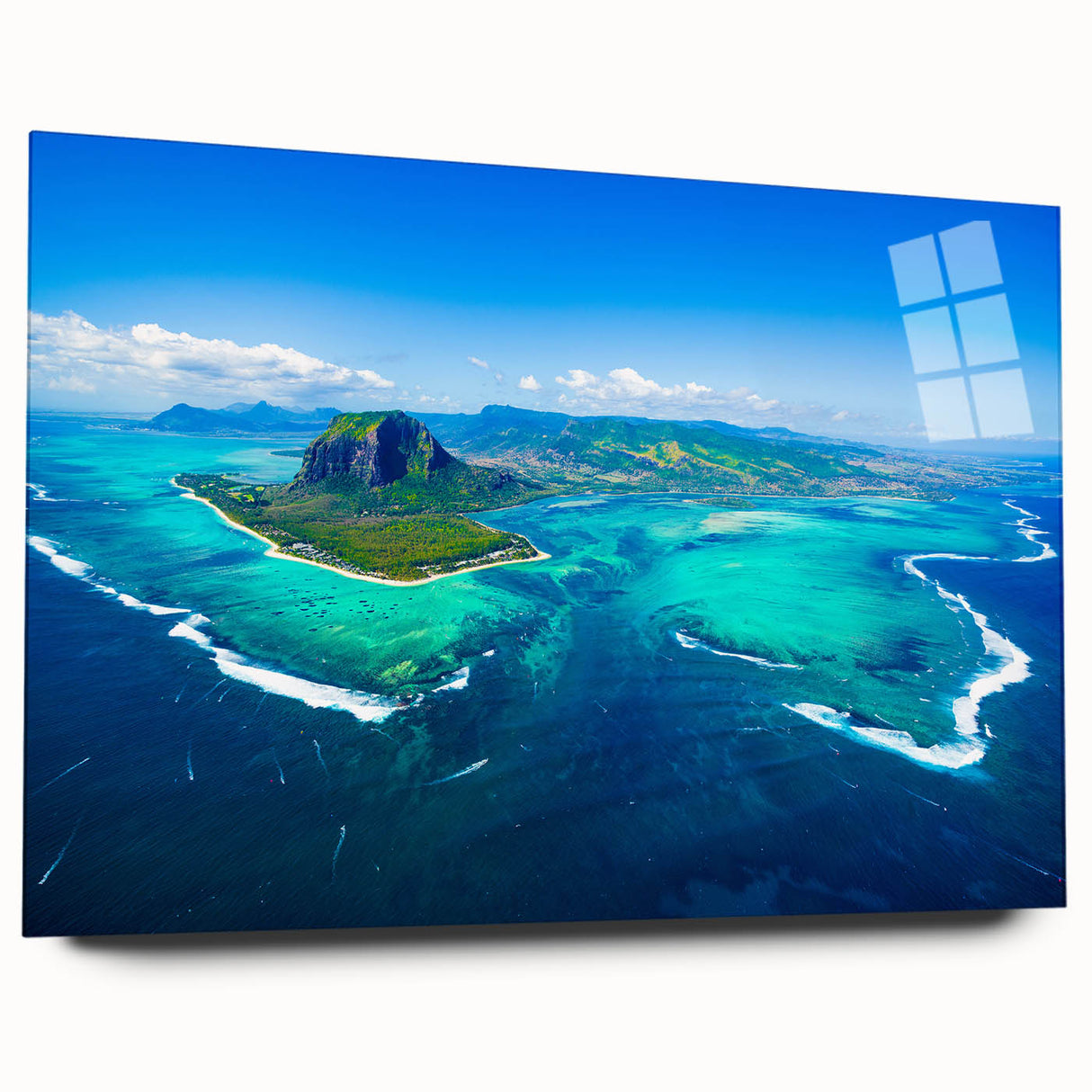 Large abstract wall art of a Mauritian landscape in vibrant blues and greens on acrylic glass.