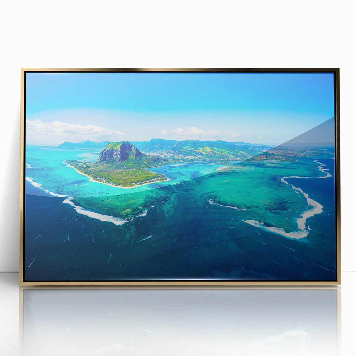 Mid-century modernist art depicting a serene Mauritius landscape in acrylic, framed in gold, ideal for nursery wall art.