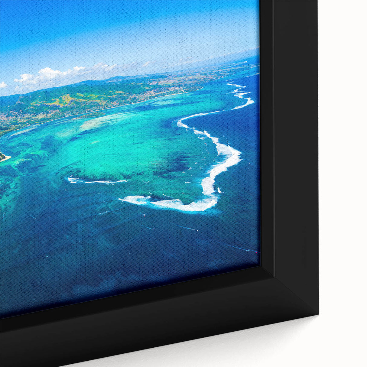 Extra large black wall art featuring a textured, colorful Mauritian landscape on framed canvas, ideal for living room decor.