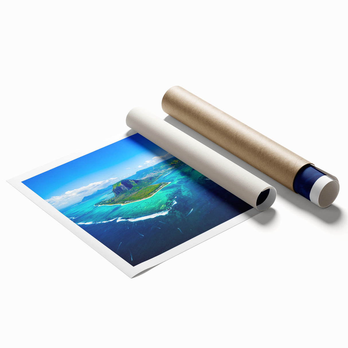 Extra large rolled print featuring a scenic view of Mauritius with vibrant floral foreground.