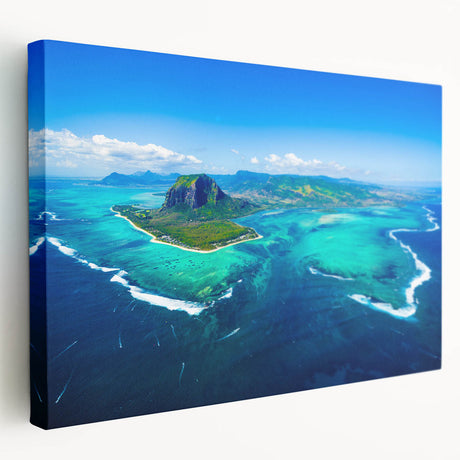 Large stretched canvas featuring a scenic view of Mauritius with vibrant blue and green tones, ideal for kitchen wall art.