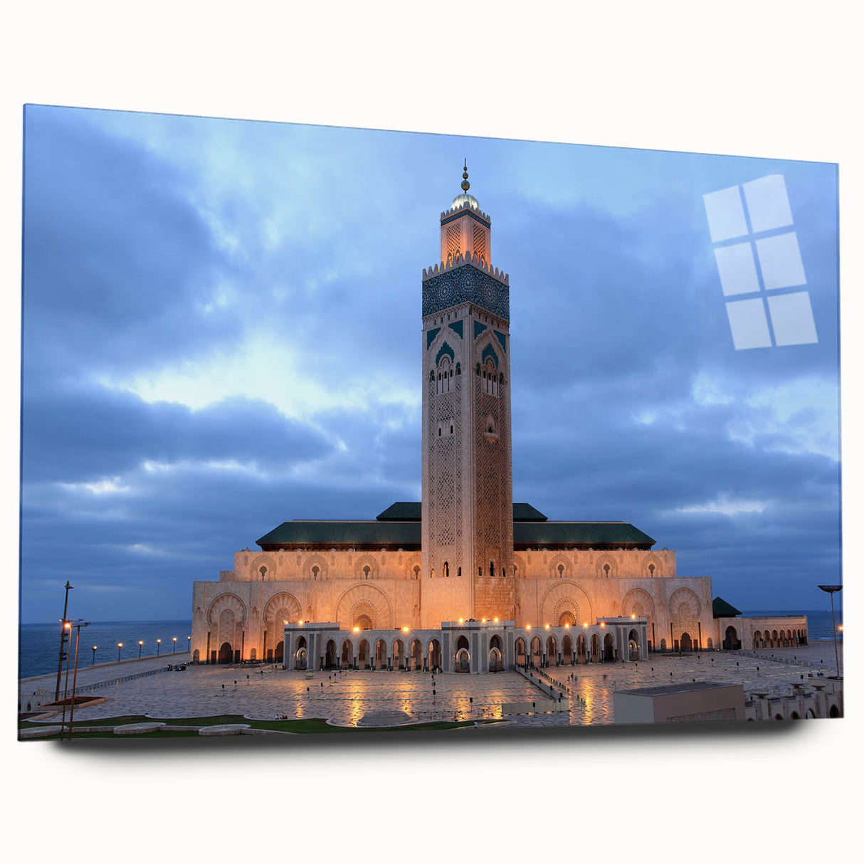 Large abstract wall art of Moroccan scenery in muted earth tones on acrylic glass, ideal for bedroom or dining room decor.