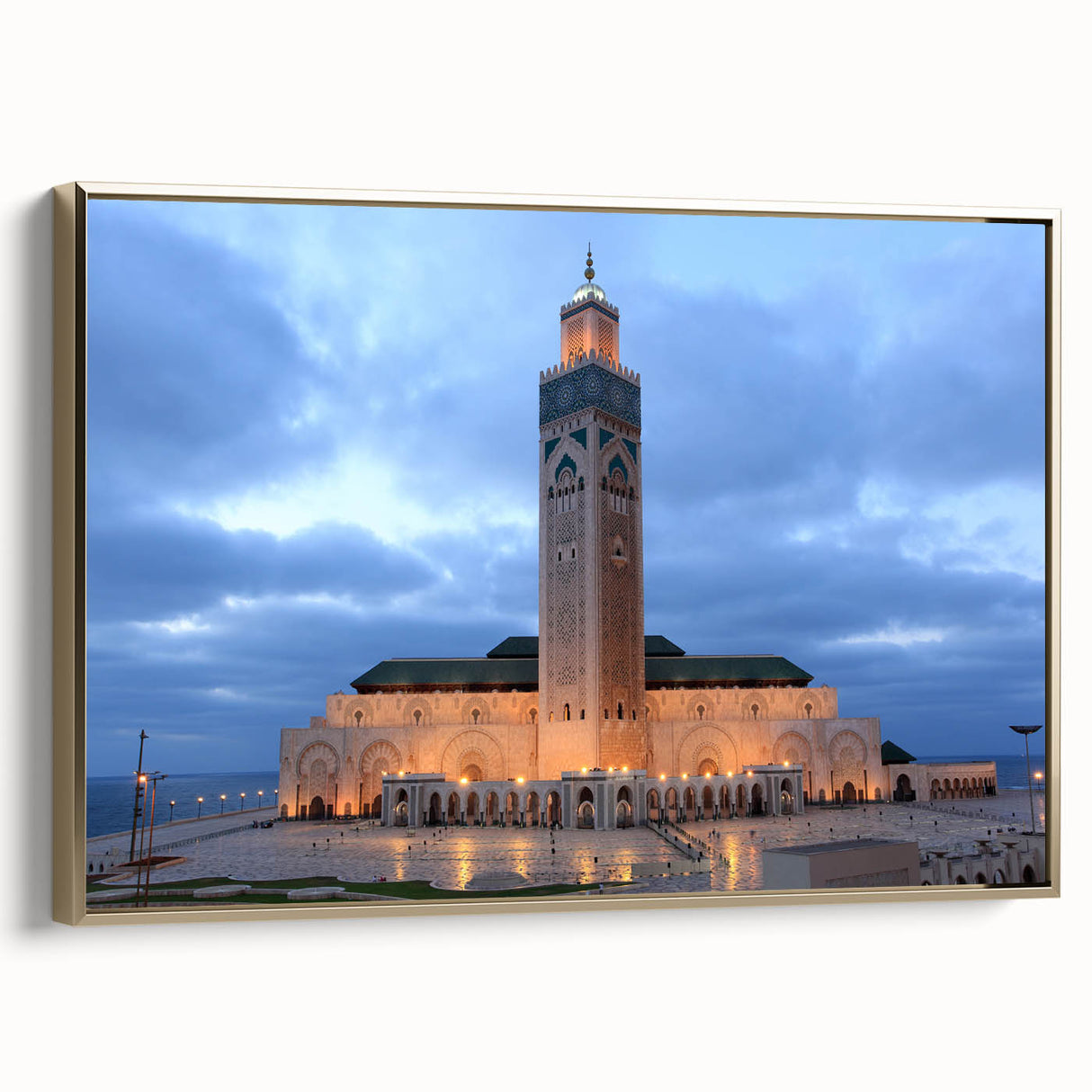 Framed canvas landscape art painting depicting a Moroccan scene in gold, black, and vibrant colors.