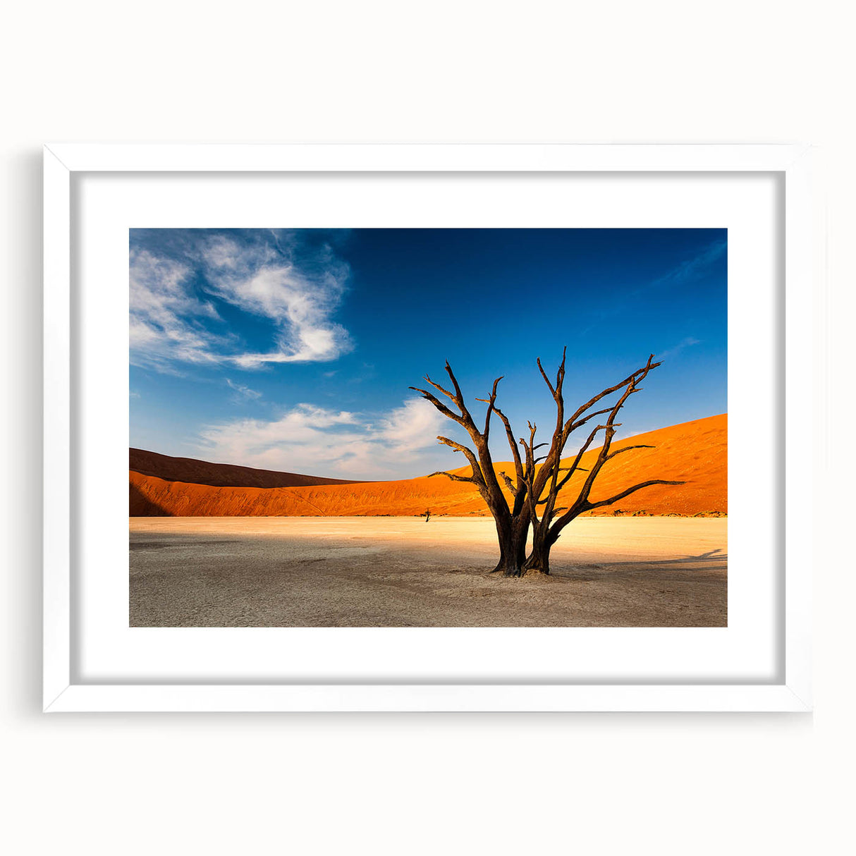 Extra large abstract art print of Namibian scenery in textured style, featuring earthy tones, framed with a white mat.