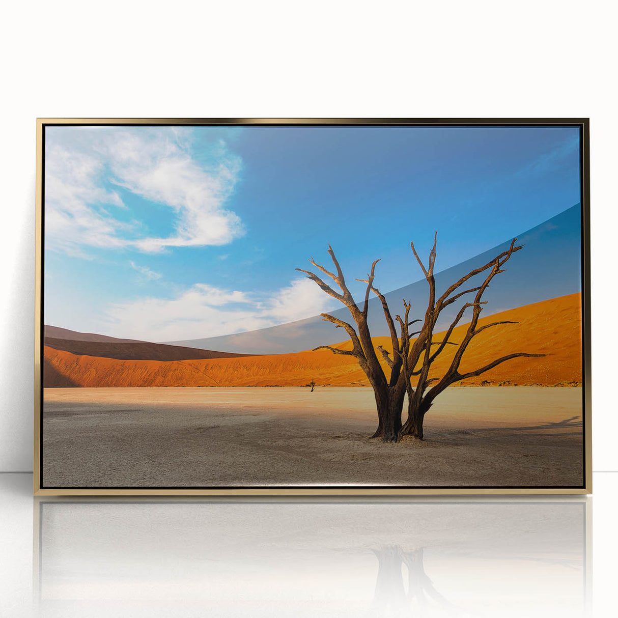 Mid-century modernist art depicting the Namibian desert in warm earth tones, framed acrylic, ideal for modern art wall decor.