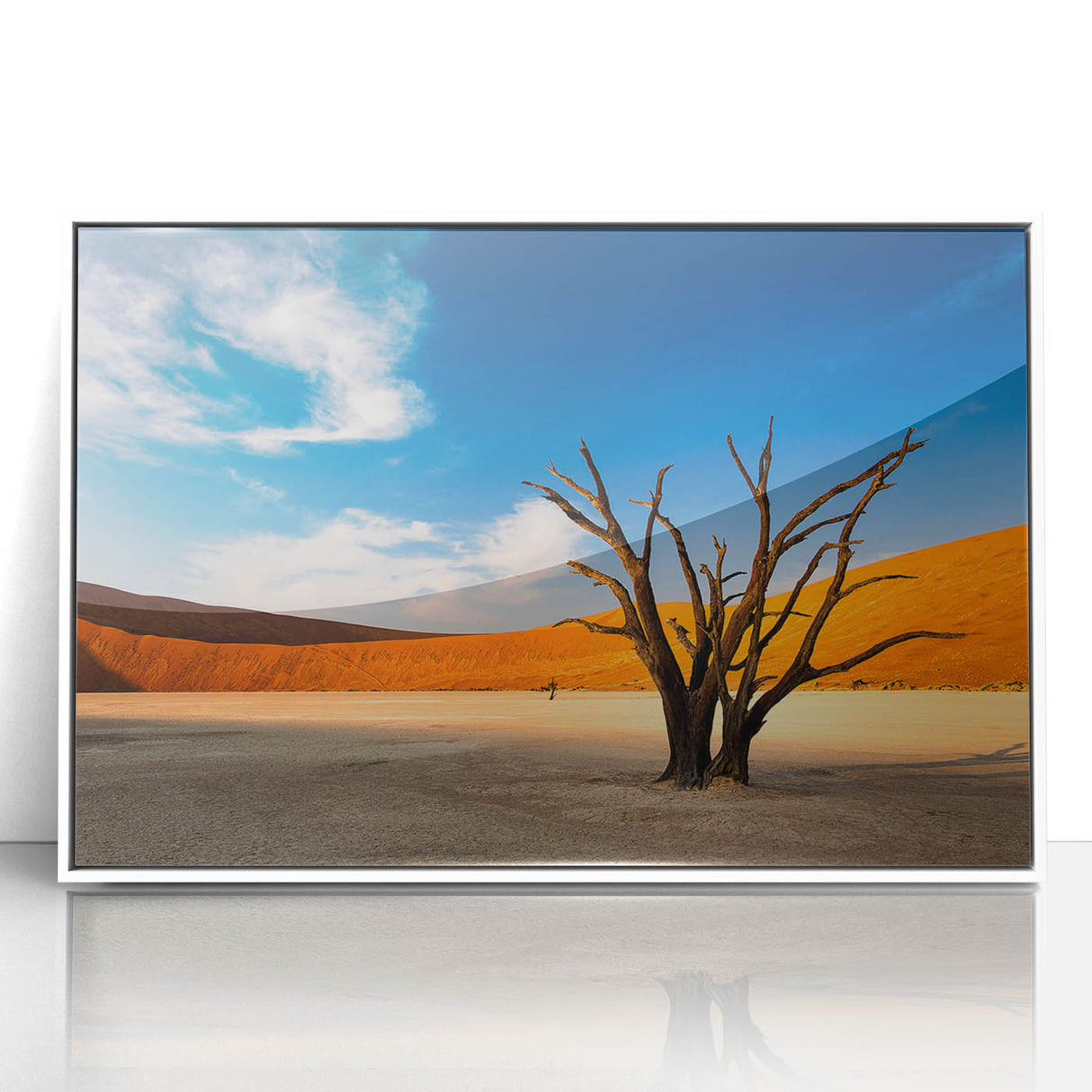 Large art print of a Namibian landscape on white framed acrylic, featuring mid-century modernist style.