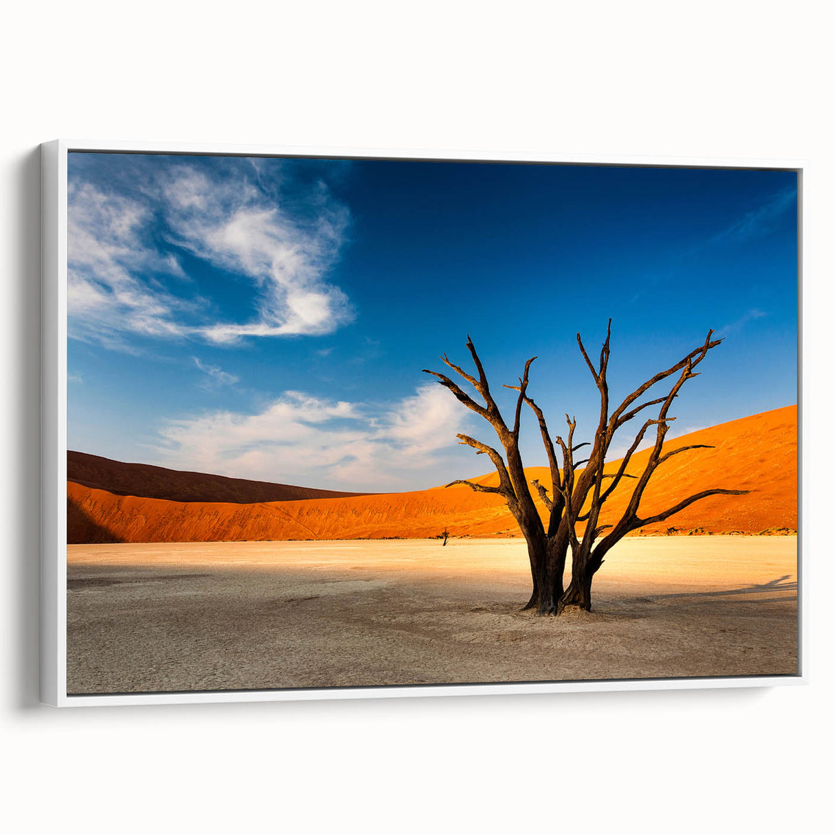 Framed canvas depicting a serene Namibian landscape in muted earth tones, ideal for bedroom wall art.