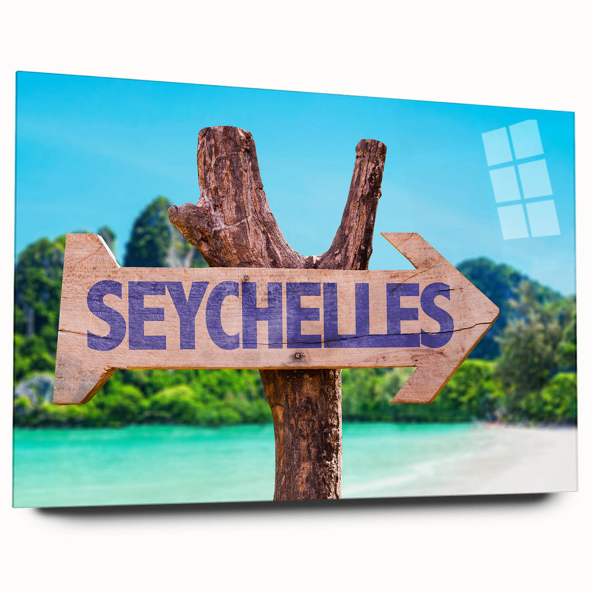 Large abstract wall art of Seychelles scenery on acrylic glass, in vivid blue and green.