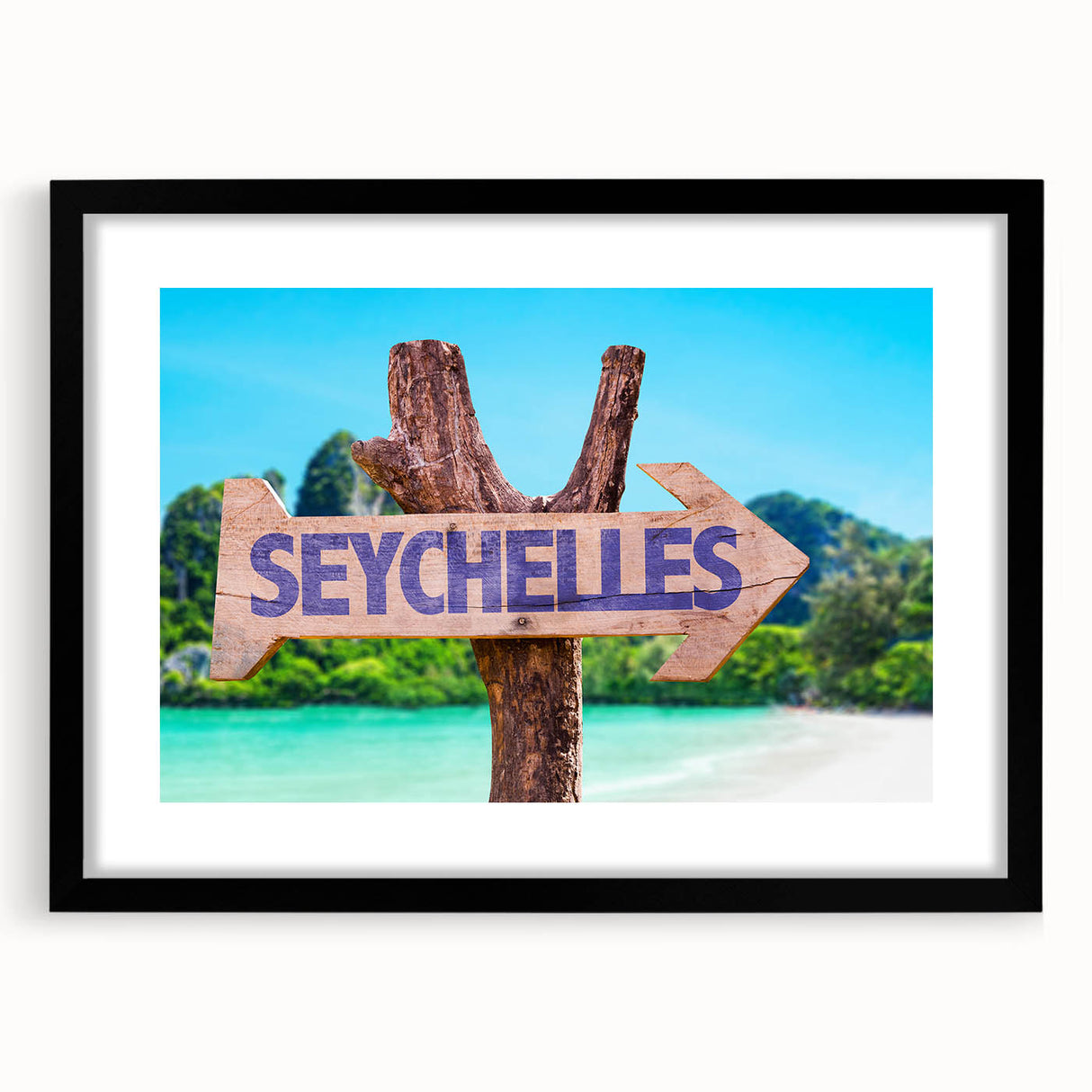Extra large abstract art print depicting a vibrant, colorful Seychelles scenery on a textured canvas, framed in black.