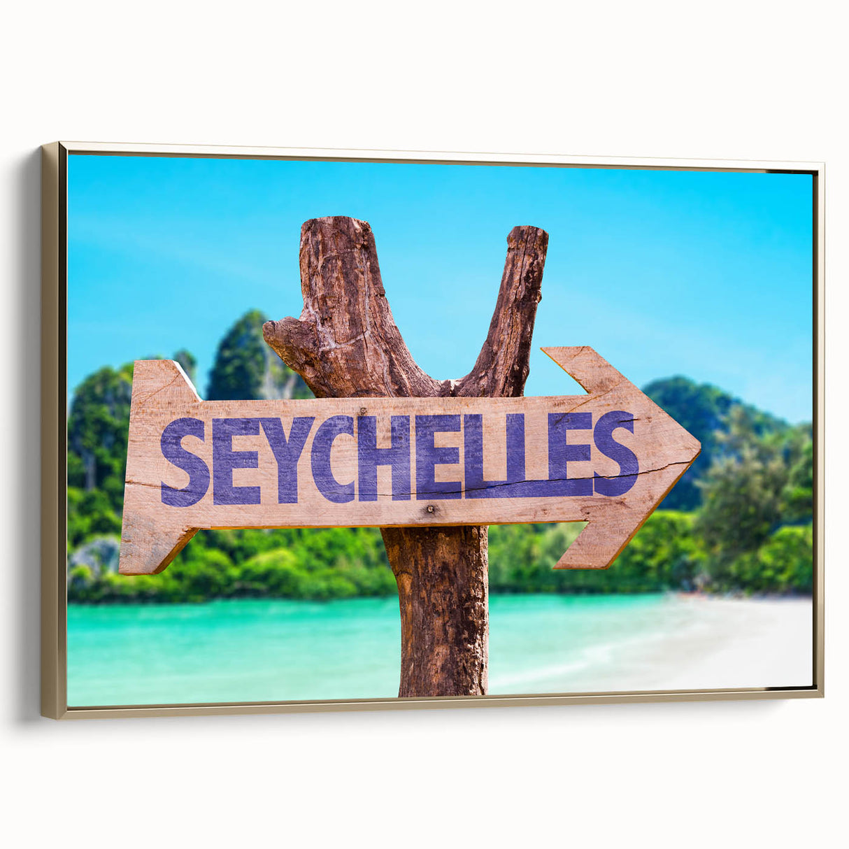 Framed canvas featuring a vintage-style landscape of the Seychelles with black and gold tones, ideal for bedroom wall art.