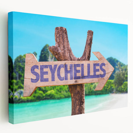 Large art print of a Seychelles beach scene in muted blue and green tones on stretched canvas, ideal for kitchen wall art.