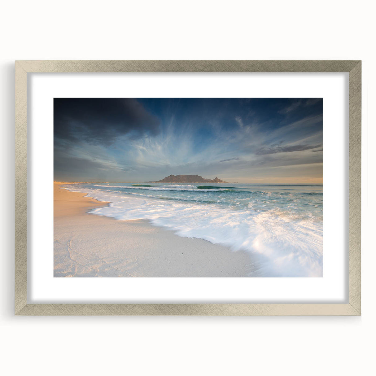Textured abstract art print depicting a South African landscape in earthy tones, framed in silver.